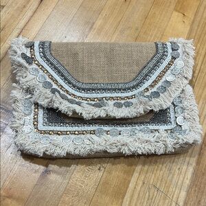 Bohemian Fringe Clutch in Tan and Cream